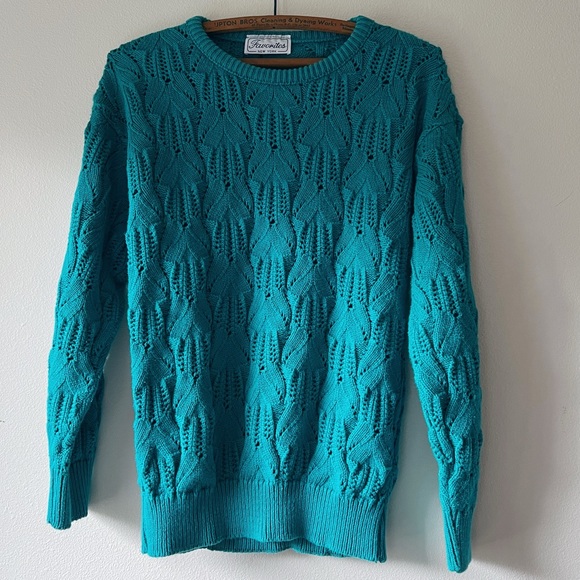 Womens vintage 80s/90s solid teal long sleeve textured‎ cotton sweater M - Picture 4 of 6